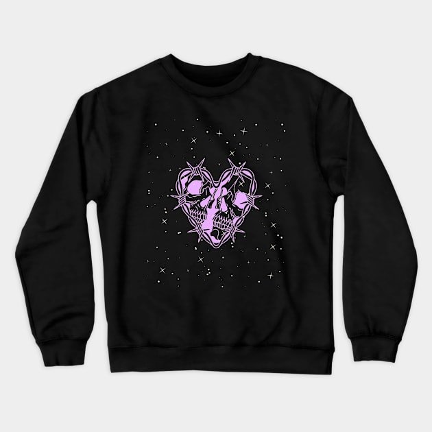 lilac kawaii heart shaped skull with barbed wire and stars Crewneck Sweatshirt by dreamingoutwest